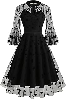 Women Mesh Floral Embroidery Vintage Cocktail Swing Dress Illusion 50s Goth Flared A line Casual Wedding Prom Evening Dress