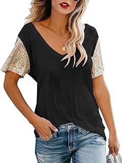 Women’s Sequin Short Sleeve Tee V Neck T Shirts Glitter Sparkles Loose Blouse Tops