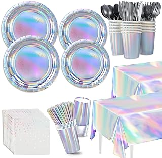 Iridescent Party Plates Nanpkins,Iridescent Birthday Party Supplies ,202PCS Iridescent Paper Plates and Napkins Knives Spoons Fork for Birthday Wedding Party,Iridescent Tablecloths（Serve 25）