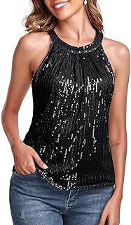 Sequin Halter Tops for Women Sleeveless Dressy Sparkle Tank Tops Party Club Concert Cocktail Vest Camisole Shirt