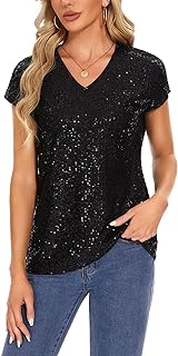 Womens Full Sequin Tops Glitter Party Shirt Cap Sleeve Sparkle Blouses V-Neck Loose Summer Shimmer Tunic Shirts