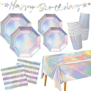 Iridescent Party Supplies – Disposable Paper Plates, Cups, Napkins, Tablecloth & Banner – Ideal for Mermaid Themed Events & Birthday or Wedding Party Decoration – Serves 25