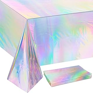 4 Pack Iridescence Plastic Tablecloths Disposable Laser Tablecloth Holographic Foil Rectangle Table Covers Birthday Disco Bachelorette Bridal Wedding Rainbow Iridescent Party Decorations 54″ x 108″