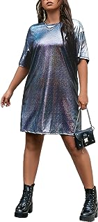 Women’s Plus Size Short Sleeve Metallic Loose Mini Tshirt Dress for Clubwear