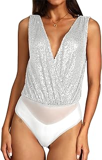 Sequin Tops Bodysuit for Women Sparkly Tops Sleeveless Tank Top Deep V Backless Sexy Bodysuit for Women