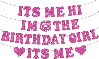 Pre-Strung Its Me Hi Im the Birthday Girl Its Me Banner, NO-DIY Popular Singer Happy Birthday Banner Hot Pink Glitter Birthday Decorations Banner for Fans Girls Women Birthday Party