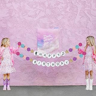 Music fans theme Birthday Party Banner Pink purple tearl gold with happy birthday Girl’s Birthday Decoration singer friendship Bracelets Shape Banner for Pop singer concert Party Supplies