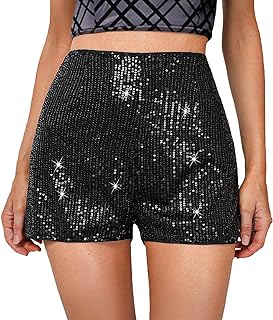 Sequin Shorts for Women High Waist Elastic Sparkly Straight Leg Short Glitter Sparkle Hot Pants Solid Party Black