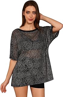 Sparkle and Shine with Women’s T Shirt Glitter Sheer See Through Sleeve Mesh Top Tee Blouse