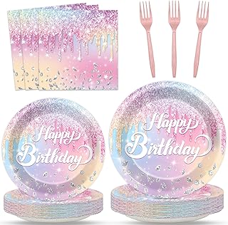 Iridescent Diamond Birthday Party Plates Napkin Fork Glitter Diamond Tableware Set Happy Birthday Dinnerware Colorful Supply for Girls Women Baby Shower Wedding Parties Decoration Serve 24