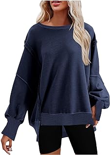 Oversized Sweatshirt for Women 2023 Solid Color Crewneck Pullover Tops Side Slit Sweater Comfort Fall Fashion Clothes